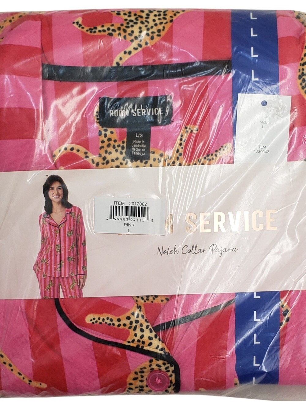 Room Service Pajama Set Women Notch Collar Pink (Jaguar Stripe) NWT